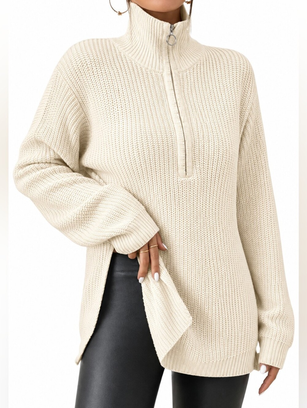 Cream Half-Zip Chunky Knit Turtleneck Sweater